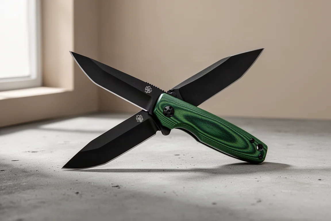 Coltello pieghevole Sencut Six Gill con manico in Micarta verde aperto su una superficie di cemento