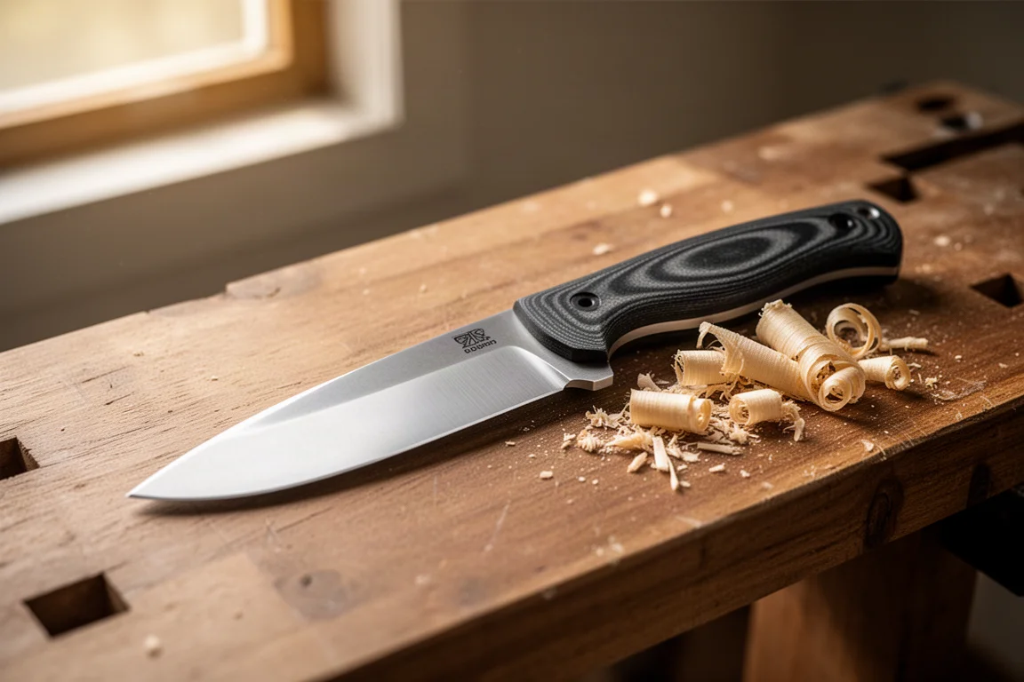 Large fixed blade knife with satin finished blade resting on a wooden workbench