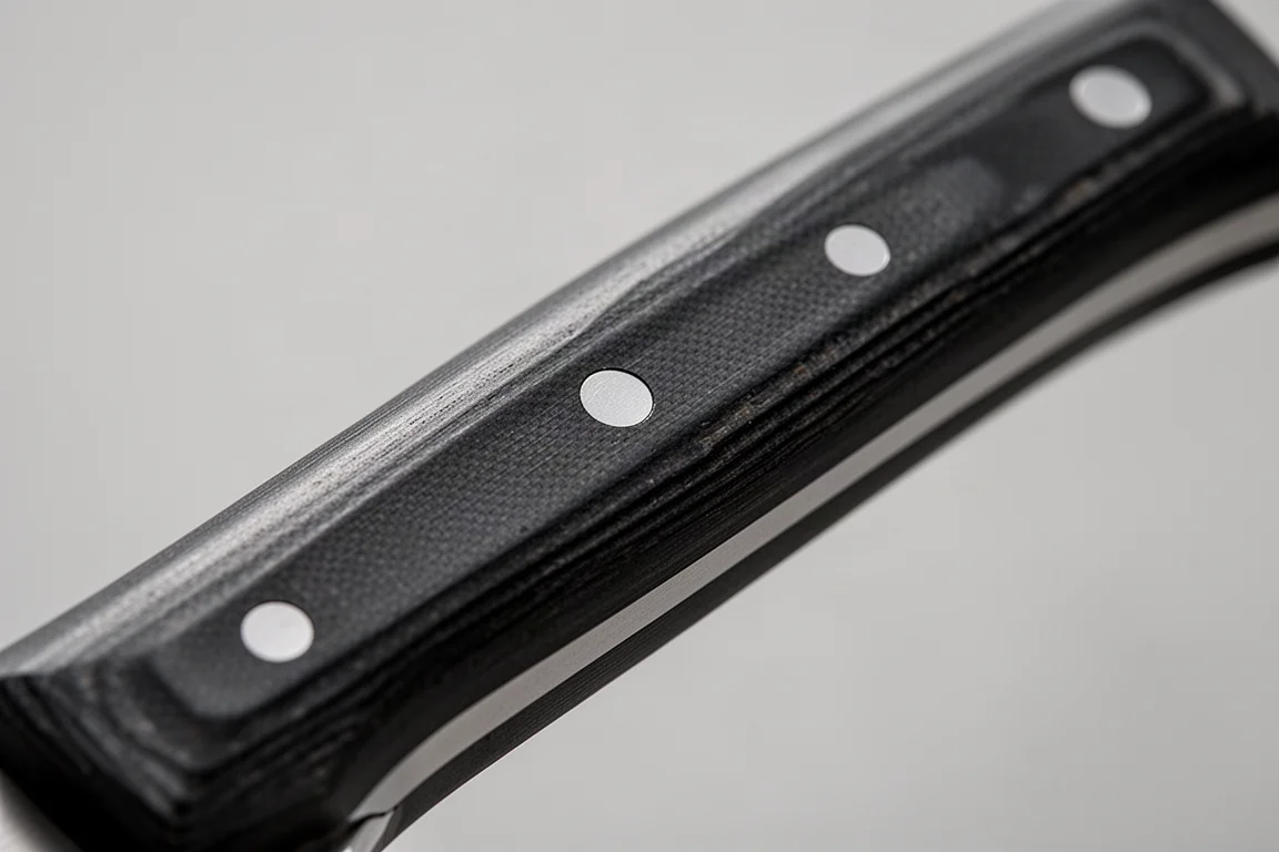 Close-up of a thin knife handle showing slim G10 scales and rivet construction