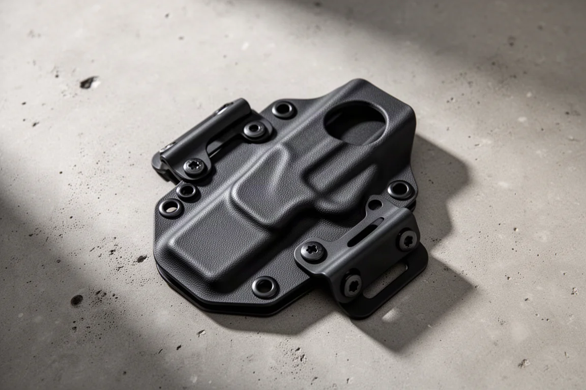 Black Kydex knife sheath with multiple attachment points on a flat surface