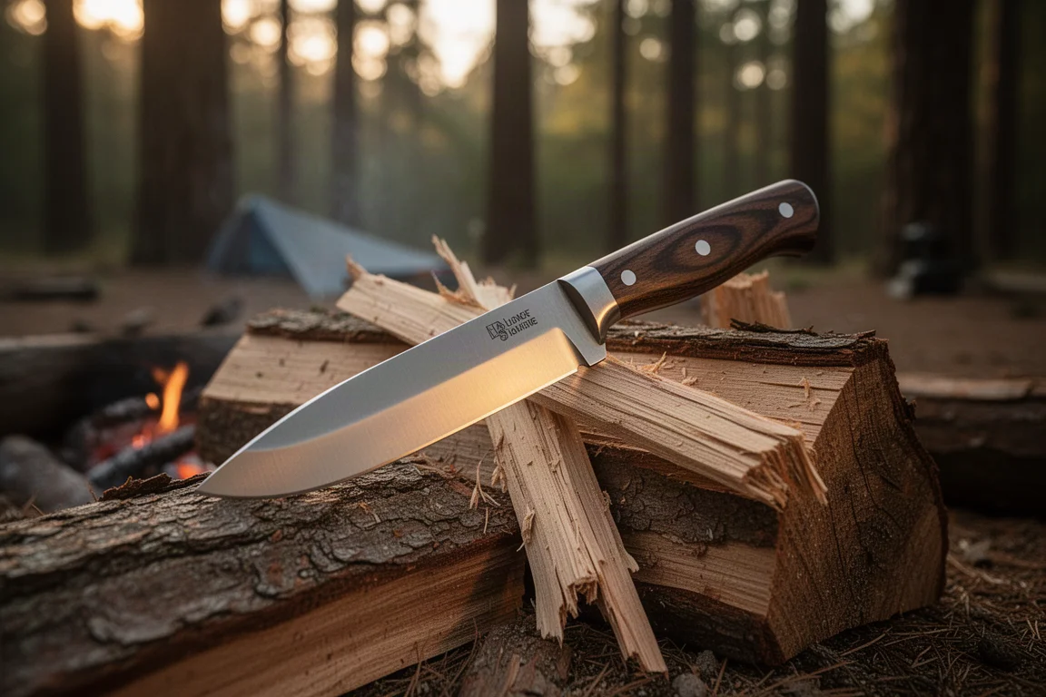 Outdoor camp scene with a fixed blade knife resting on a split log