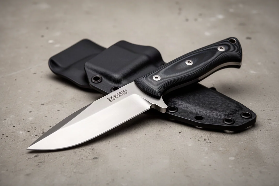 Grande coltello a lama fissa con finitura satinata e manico in G10 scuro accanto a un fodero Kydex