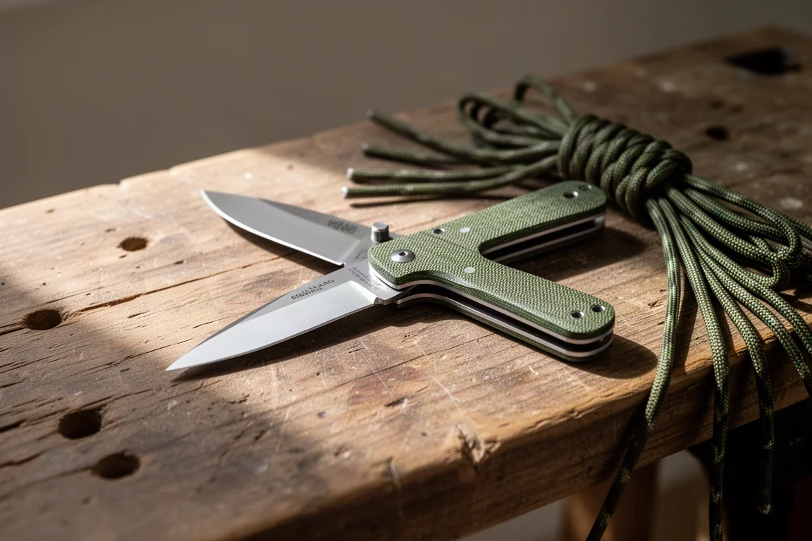 Folding pocket knife with green Micarta handle resting open on a workbench