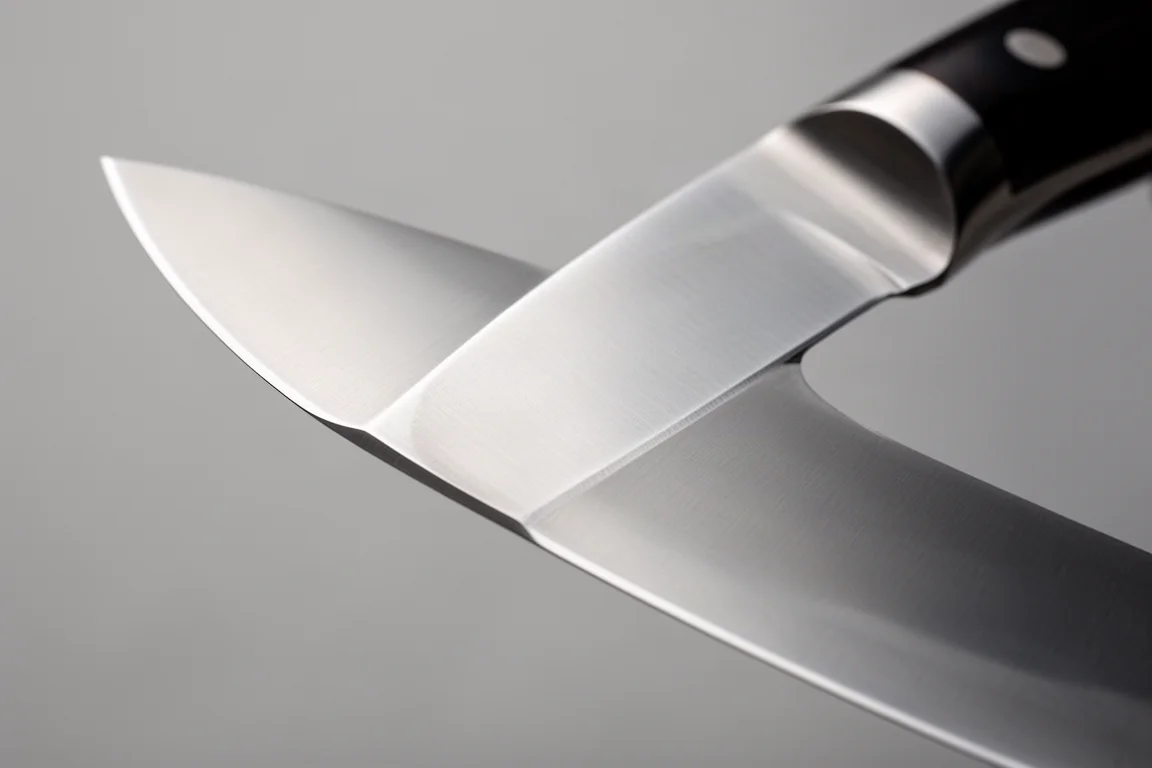 Close-up of a knife blade edge showing its full belly profile for slicing