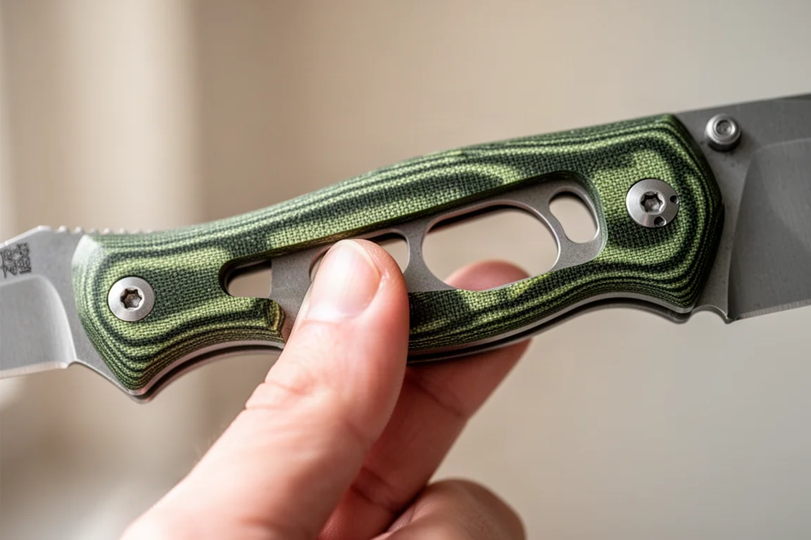 Knife handle grip texture showing skeletonized cutouts and finger placement