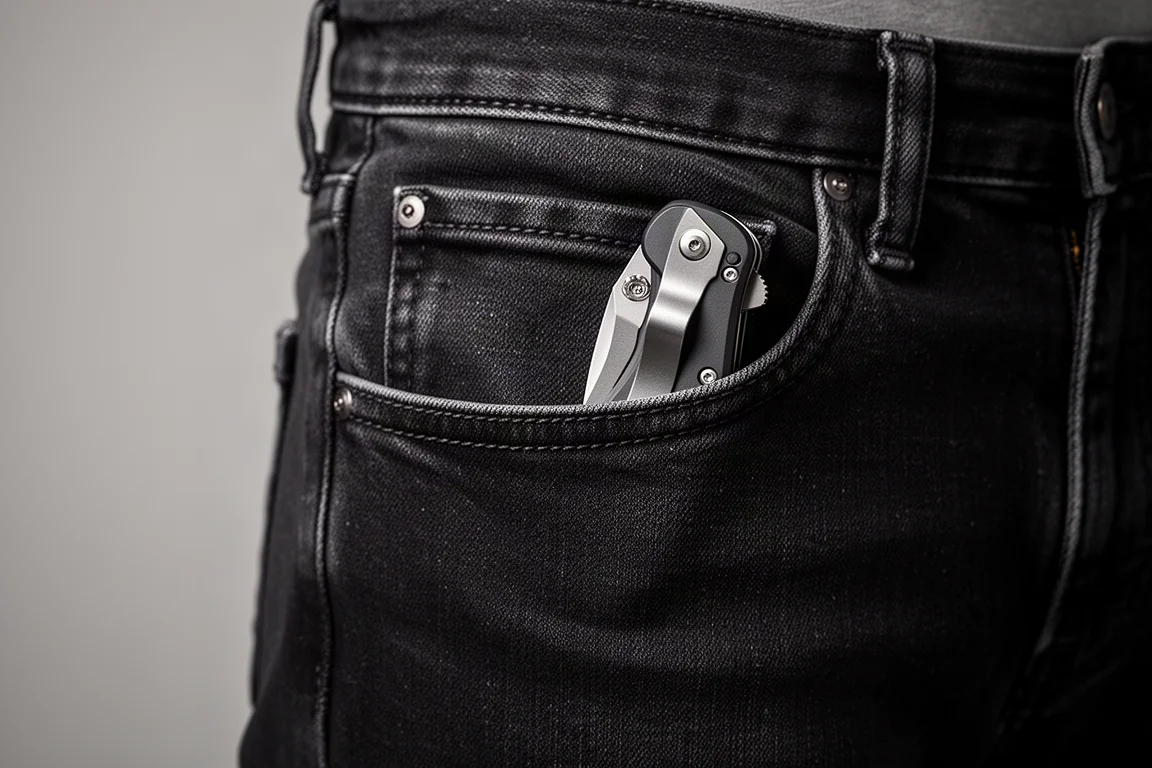 Pocket knife clipped inside a jeans pocket with deep carry clip visible