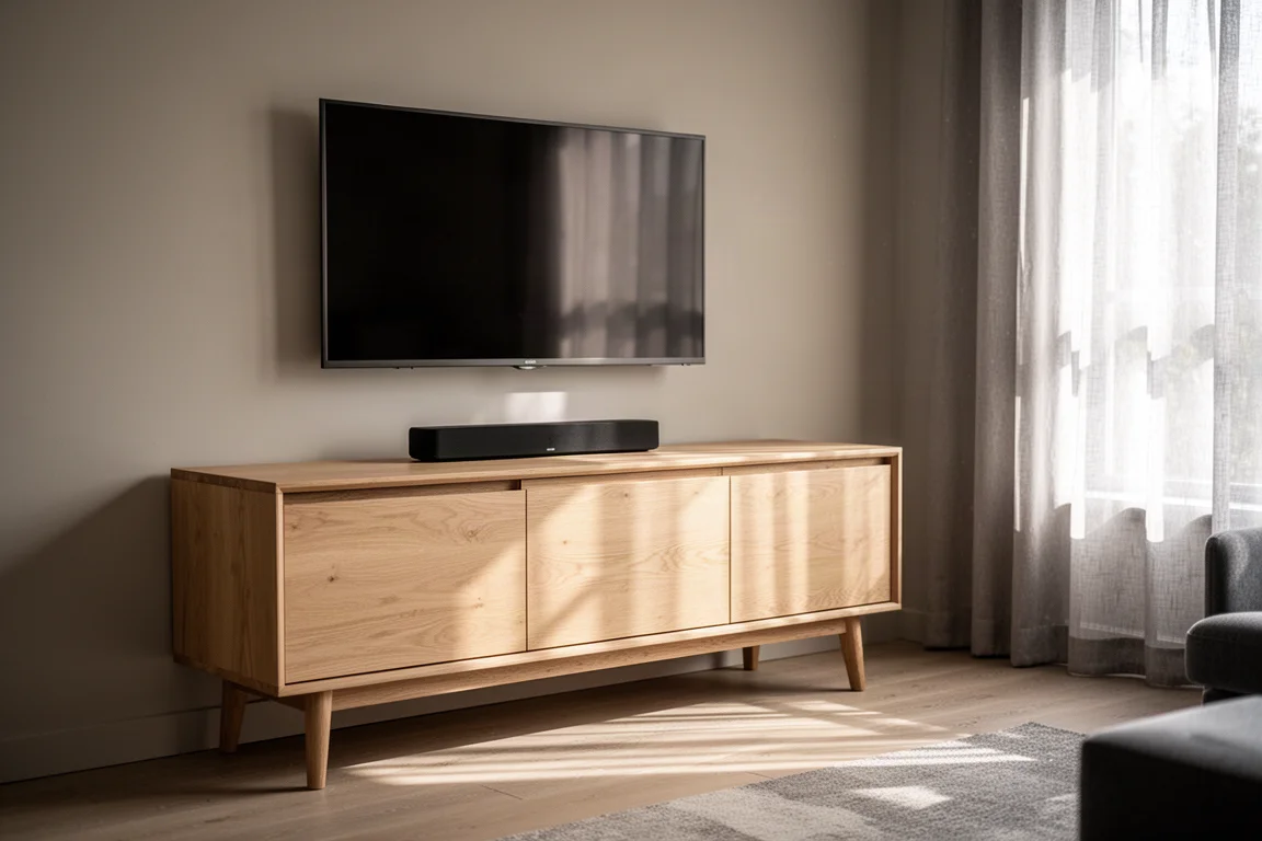 Barra de sonido compacta sobre un aparador de roble bajo un televisor montado en la pared con luz natural