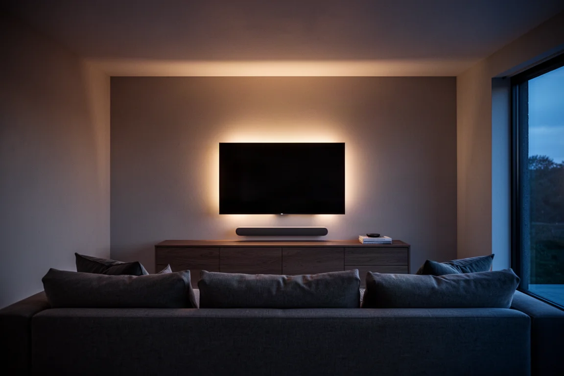 Sala de estar en penumbra al atardecer con un sofá frente a una pantalla que brilla suavemente y una barra de sonido delgada