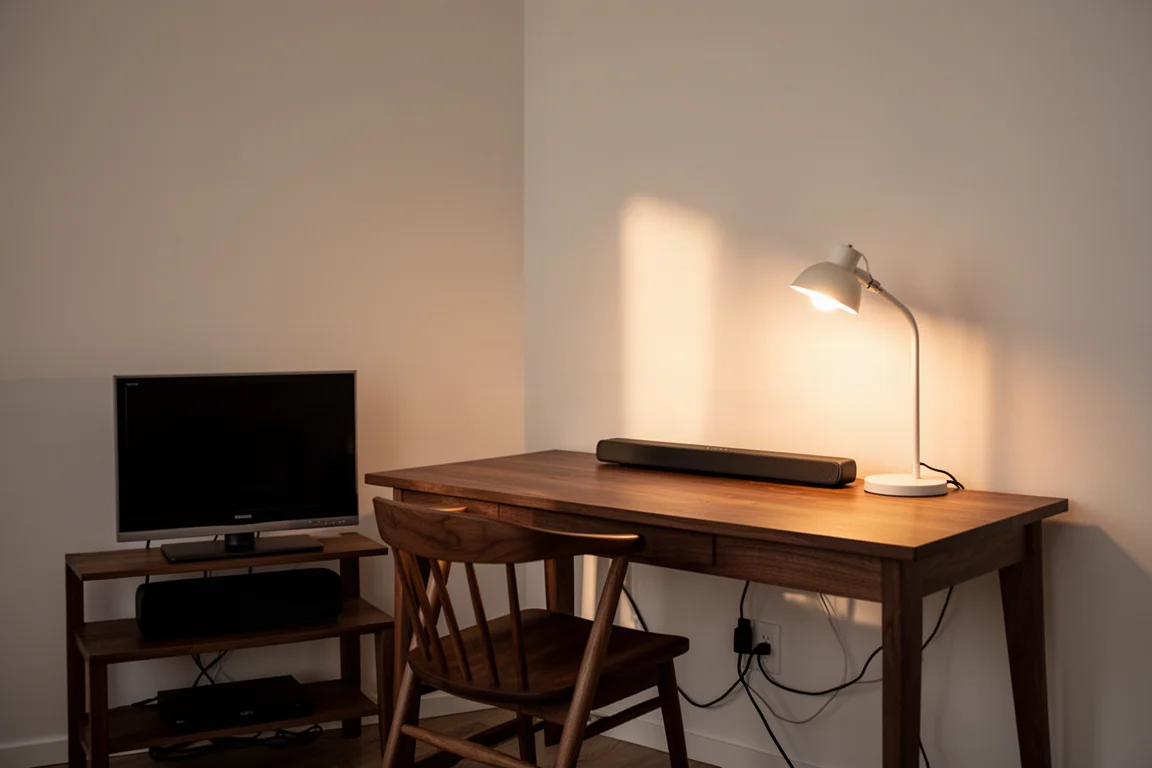 Oficina en casa compacta por la noche con un escritorio, una lámpara cálida y una barra de sonido delgada