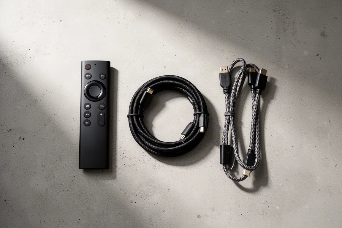 Vista cenital de un control remoto, un cable HDMI enrollado y un cable de alimentación sobre hormigón