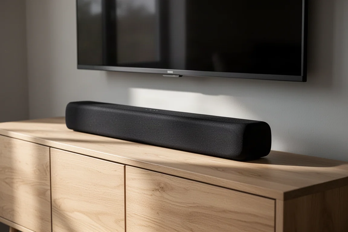 Compact black soundbar on an oak credenza beneath a wall-mounted television