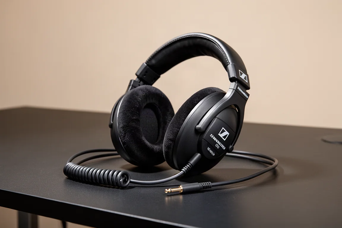 매트 블랙 책상 표면에 놓인 Sennheiser HD 480 Pro 밀폐형 스튜디오 헤드폰