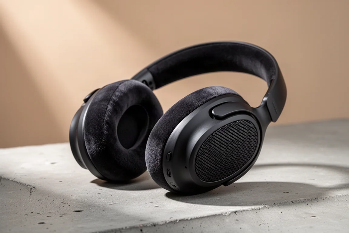 Open-back over-ear headphones with velour earpads resting on a matte concrete surface