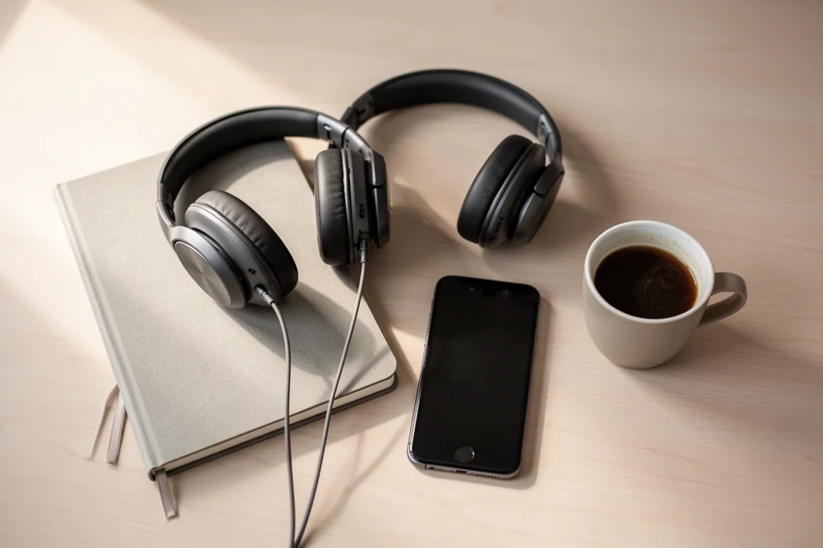 Flat-lay of over-ear headphones, a notebook and black coffee on a wooden desk