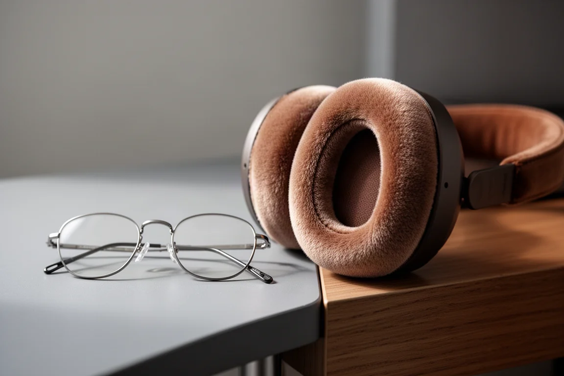 Eyeglasses resting beside the ear cushion of an over-ear headphone on a desk