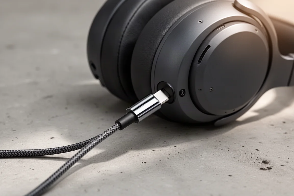 USB-C cable plugged into an over-ear headphone ear cup on a concrete surface