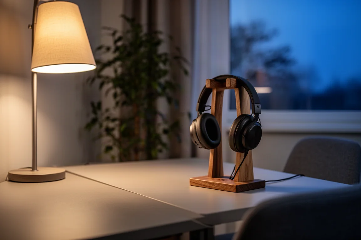Wooden headphone stand on a desk beside a window at dusk