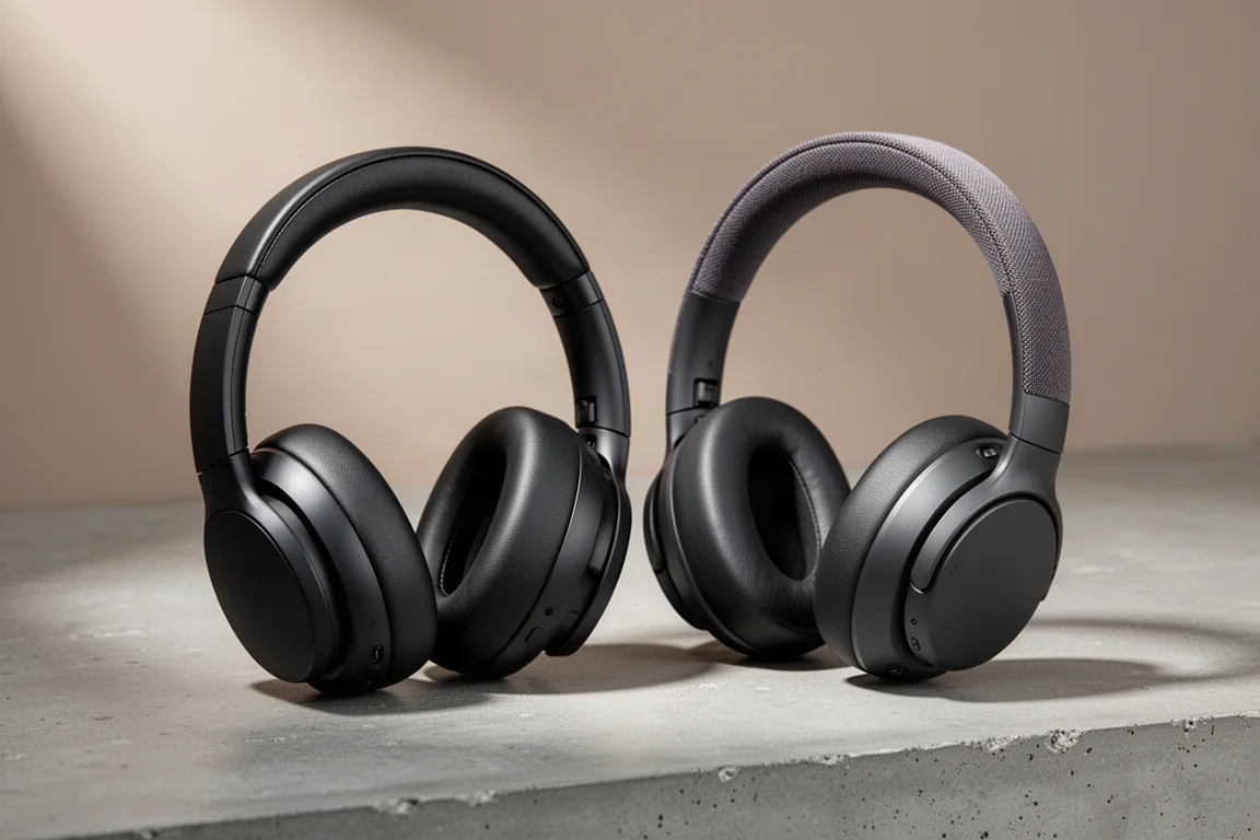 Two over-ear Sennheiser wireless headphones side by side on a concrete surface