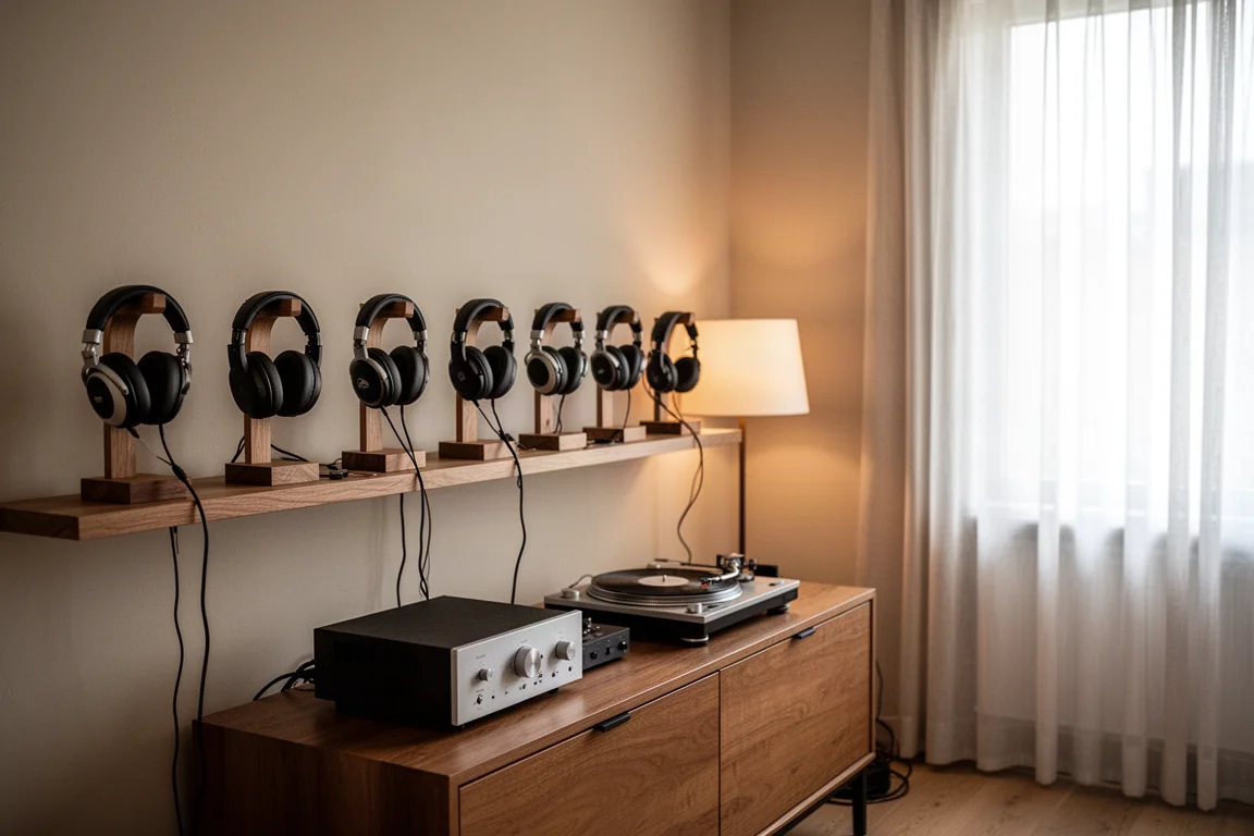 Listening room with several headphones on wooden stands and a turntable