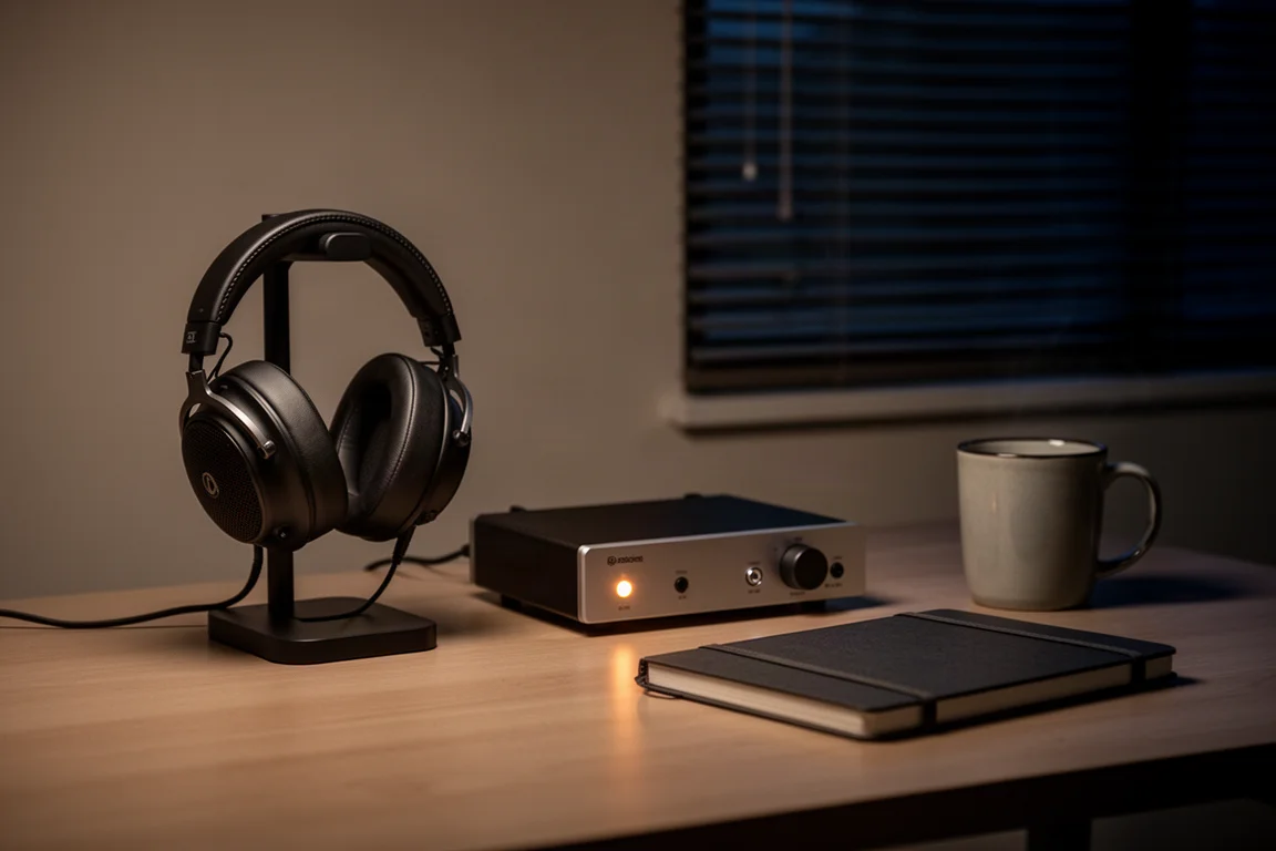 Closed-back headphone on a stand beside a small amplifier on a night desk