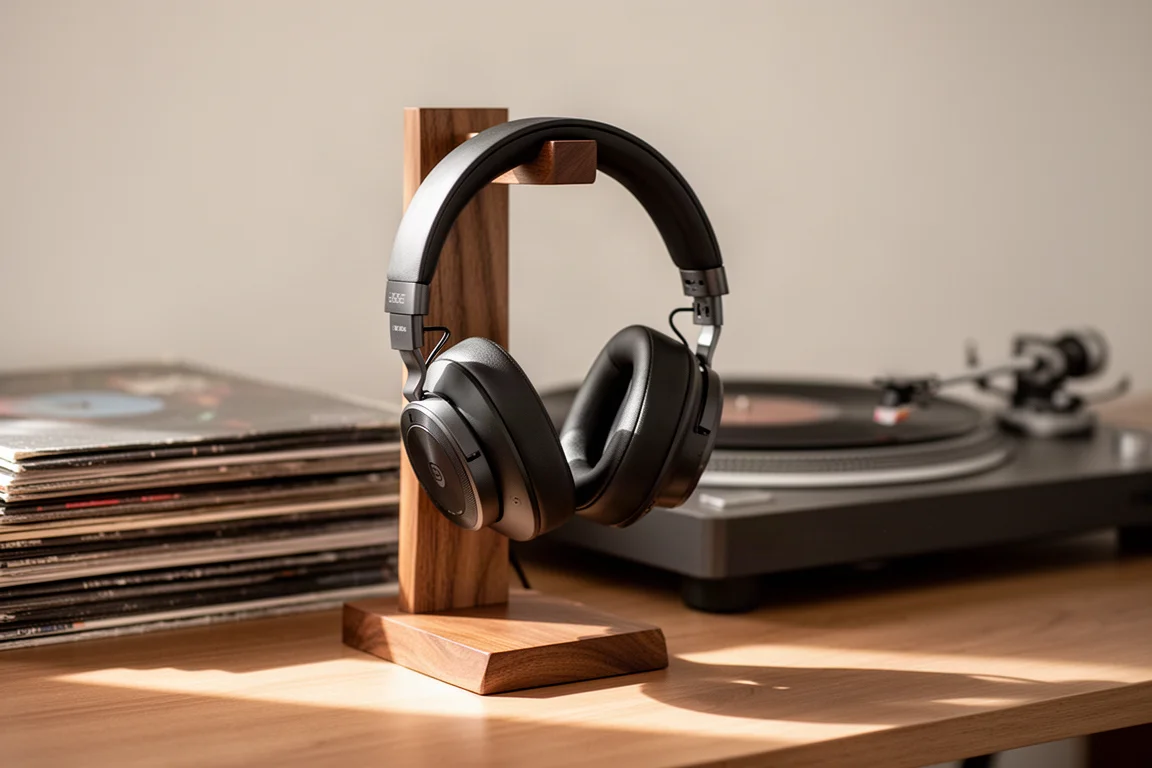 Open-back headphone hanging on a wooden stand near vinyl records