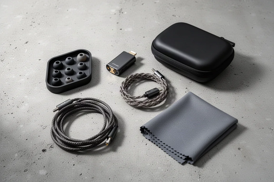 Flat-lay of ear tips, amplifier dongle, cable and case on concrete