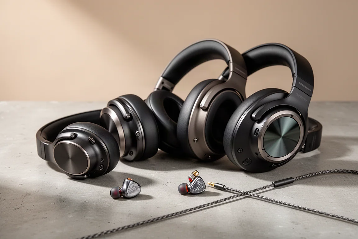 Group of over-ear headphones and in-ear monitors arranged on a concrete surface