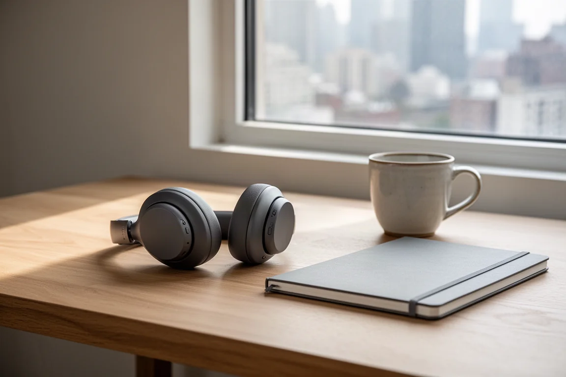 Fones over-ear sobre uma mesa de madeira ao lado de um caderno e uma xícara na luz da manhã
