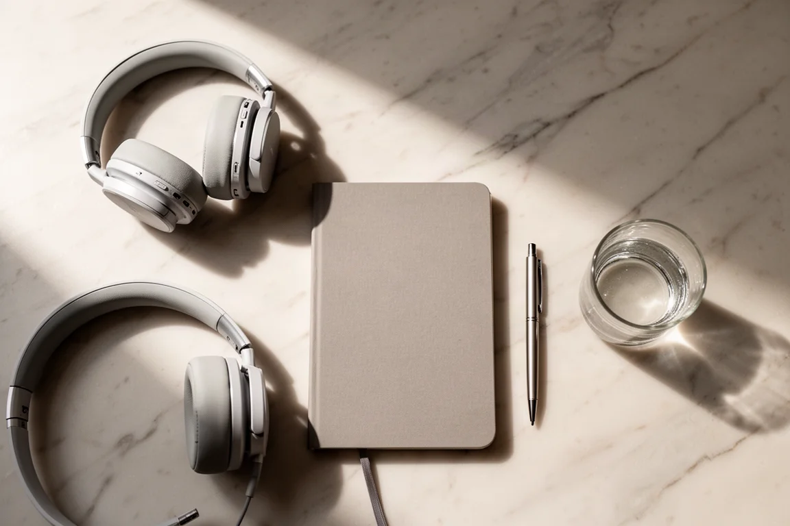 Vista de cima de fones, caderno, caneta e copo de água sobre superfície de mármore