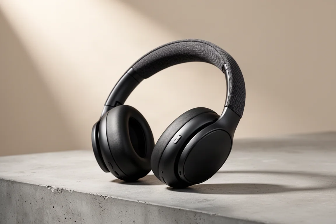 Black over-ear wireless headphones with fabric headband on a concrete surface