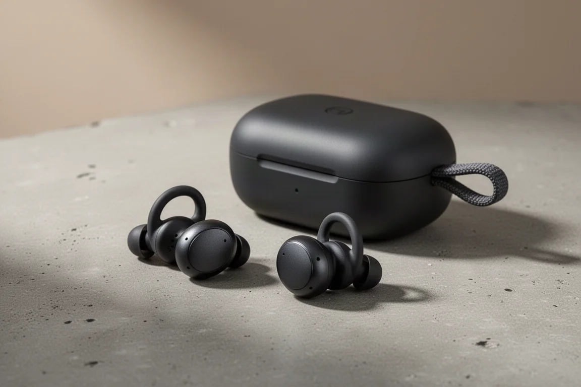 Matte black sport earbuds with wing tips beside a rounded charging case on concrete