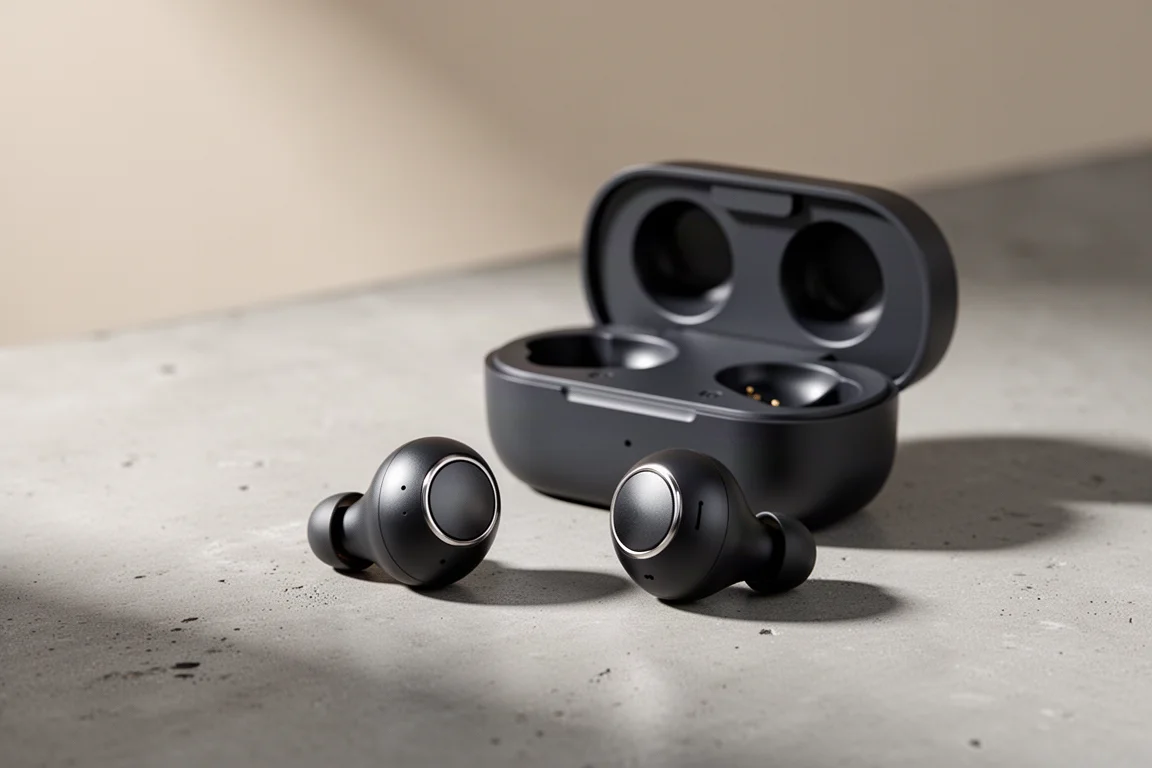 Matte black true wireless earbuds beside an open charging case on concrete