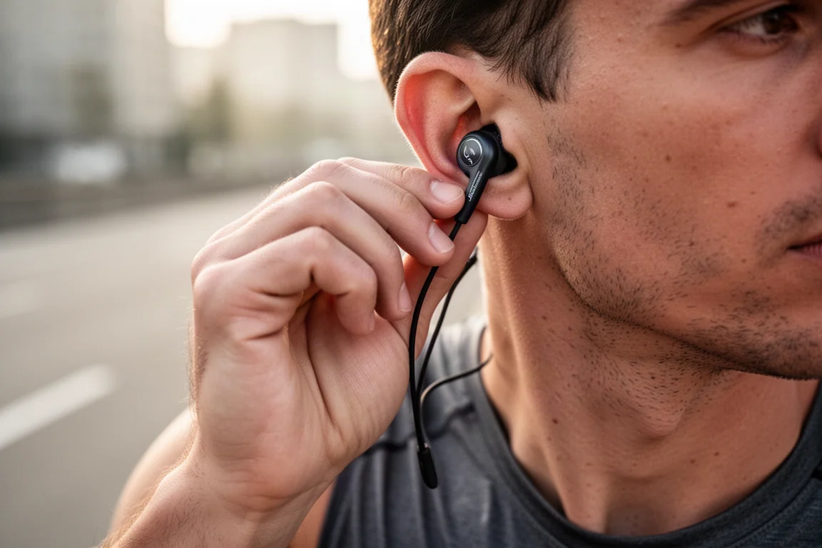 Corredor colocándose un auricular inalámbrico en una oreja antes de una carrera matutina