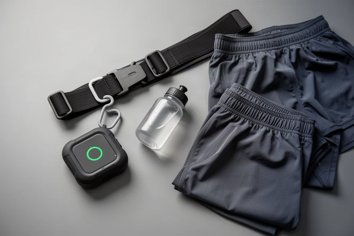 Estuche de carga sujeto a un cinturón de running junto a un pantalón corto y una botella de agua