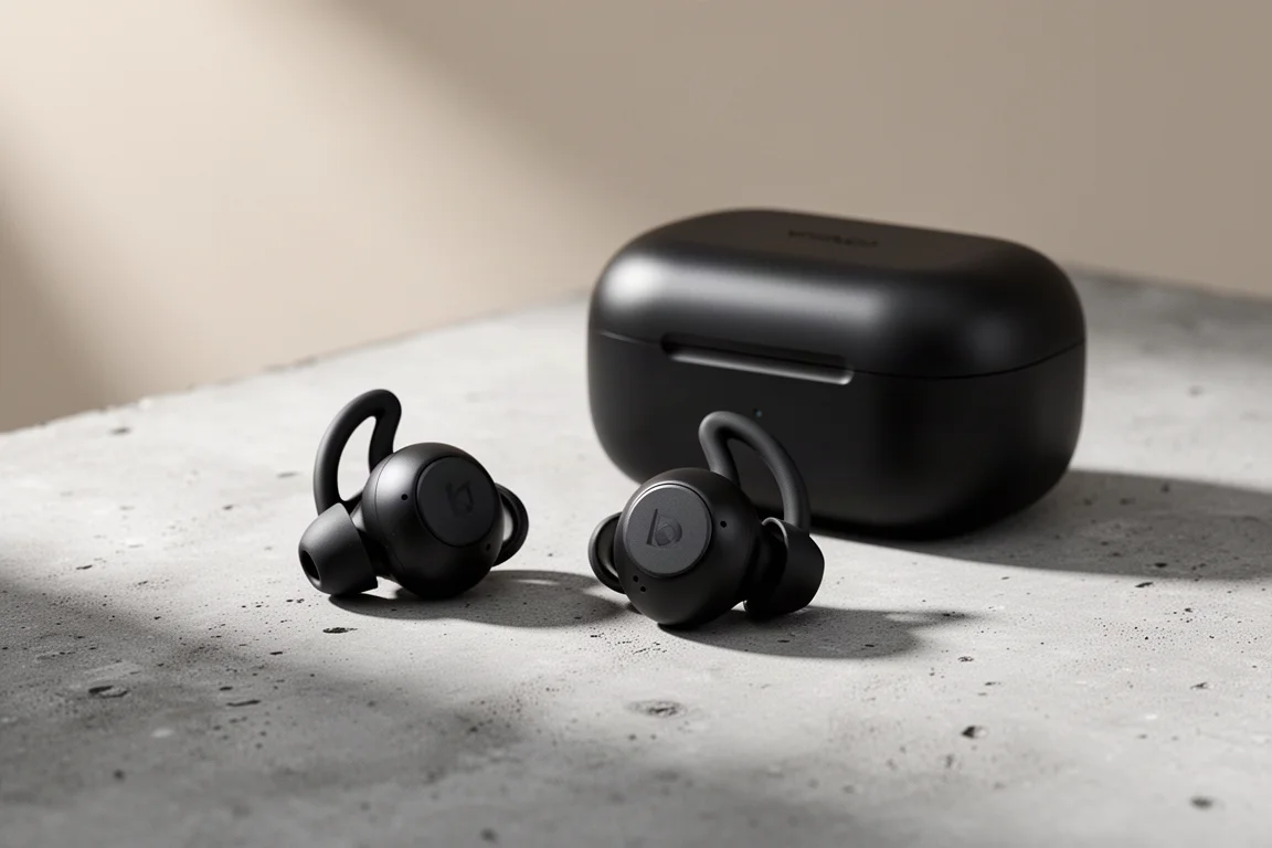 Sennheiser Sport True Wireless earbuds with charging case on a concrete surface