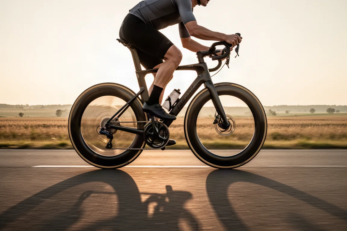 Rennradfahrer fährt mit hoher Geschwindigkeit auf einer flachen offenen Straße mit tiefen Carbon-Laufrädern