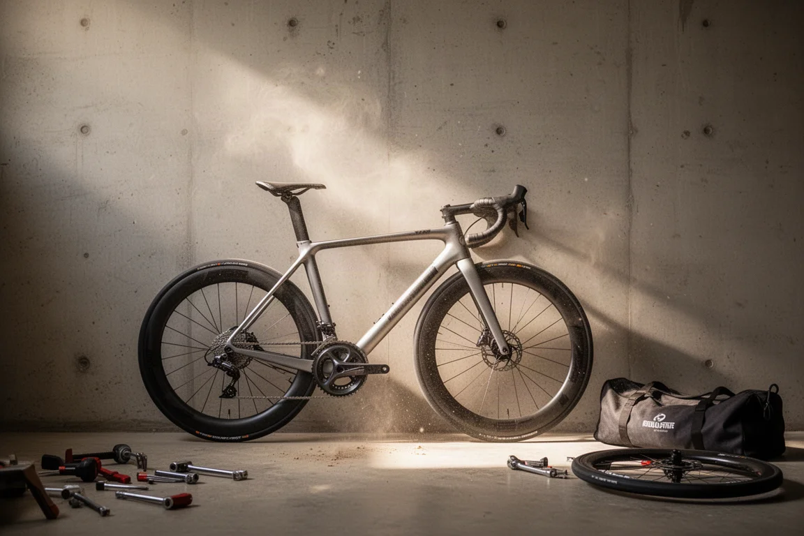 Fertiges Aero-Rennrad lehnt an einer Betonwand in einer leeren Werkstatt
