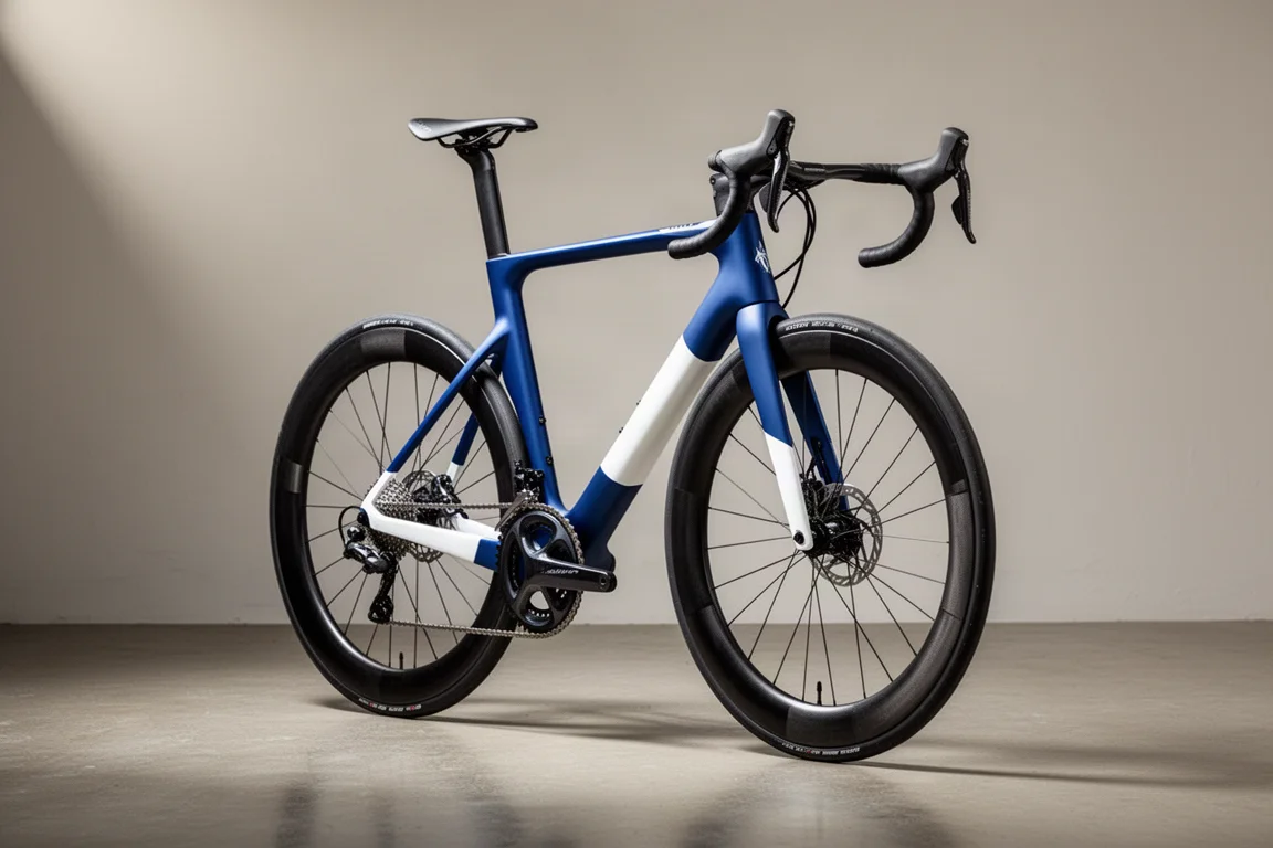 Aero road bike with deep section carbon wheels and narrow bars on a concrete surface