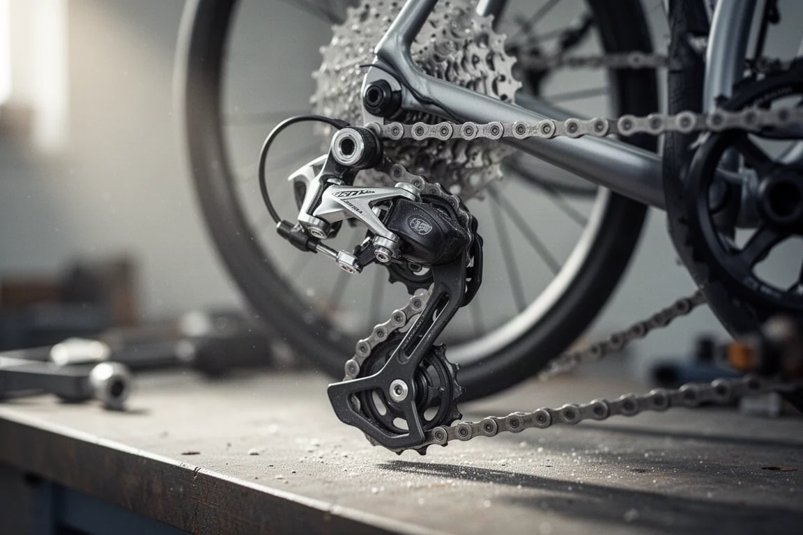 Nahaufnahme eines Schaltwerks und einer Kette an einem Fahrrad in einer Werkstatt