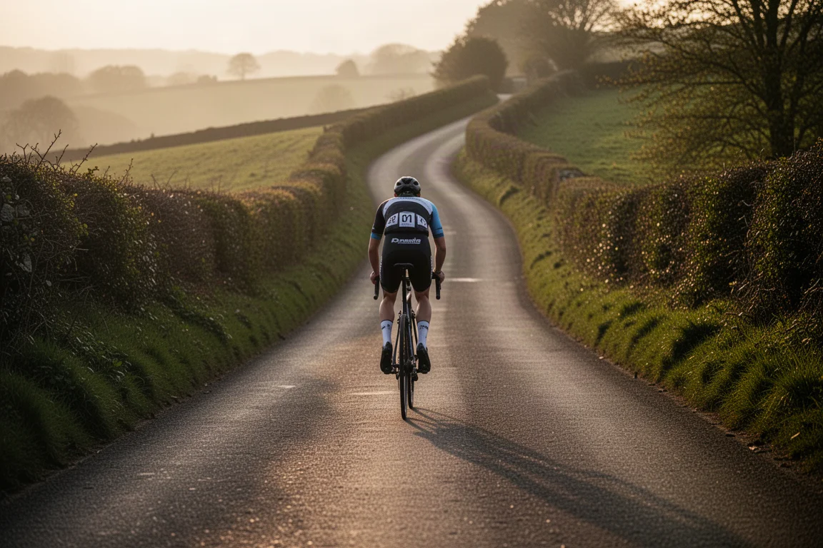 Rennradfahrer erklimmt in der goldenen Stunde einen steilen Landweg