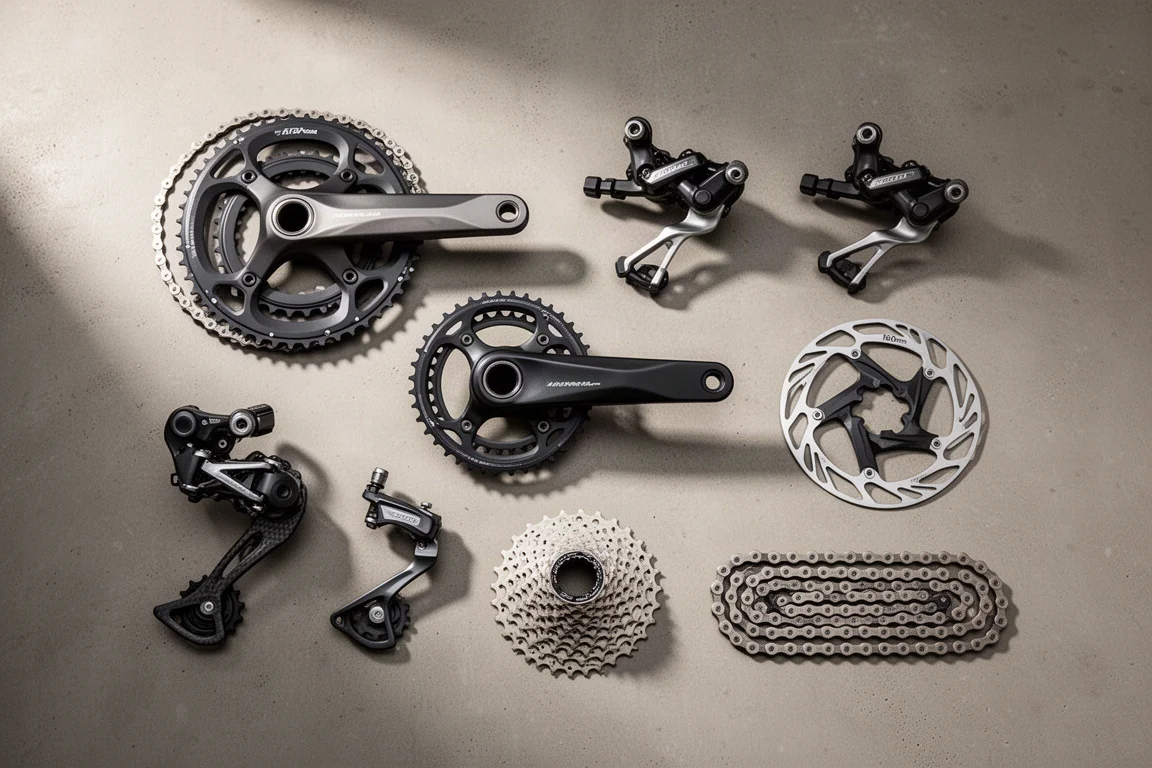 Overhead editorial layout of a mechanical road bike groupset on a concrete surface