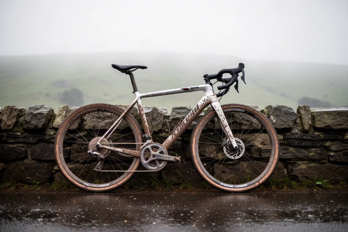 Bici da strada sporca di fango appoggiata a un muro di pietra in una giornata piovosa