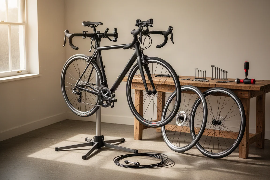 Bici da strada su cavalletto da officina con attrezzi disposti su un banco