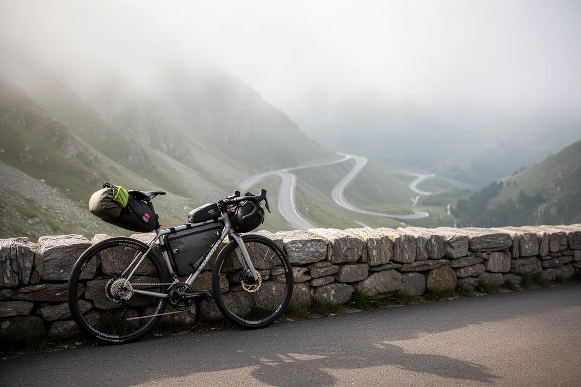 Lastad landsvägscykel lutad mot en stenmur på ett dimmigt bergspass