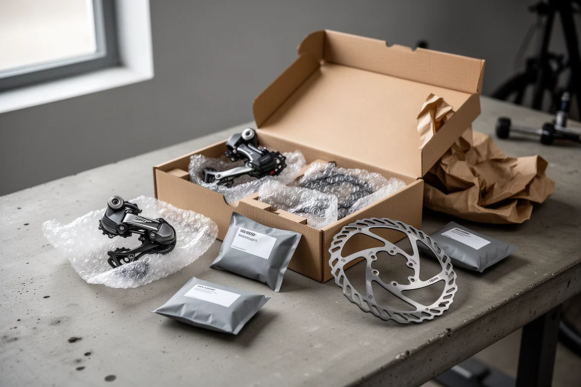 Cardboard parcel of bike parts opened on a workshop bench with bubble wrap and small packets