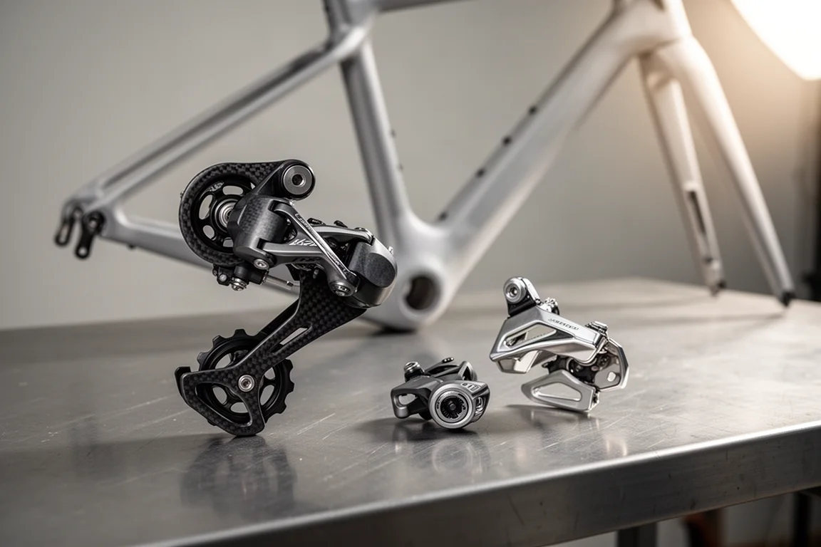 Rear derailleur and front derailleur resting on a workbench beside a bike frame