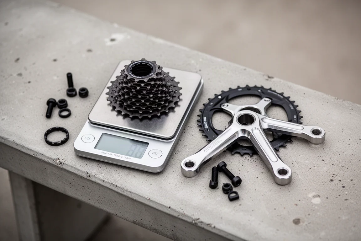 Digital kitchen scale weighing a crankset and cassette on a workshop surface