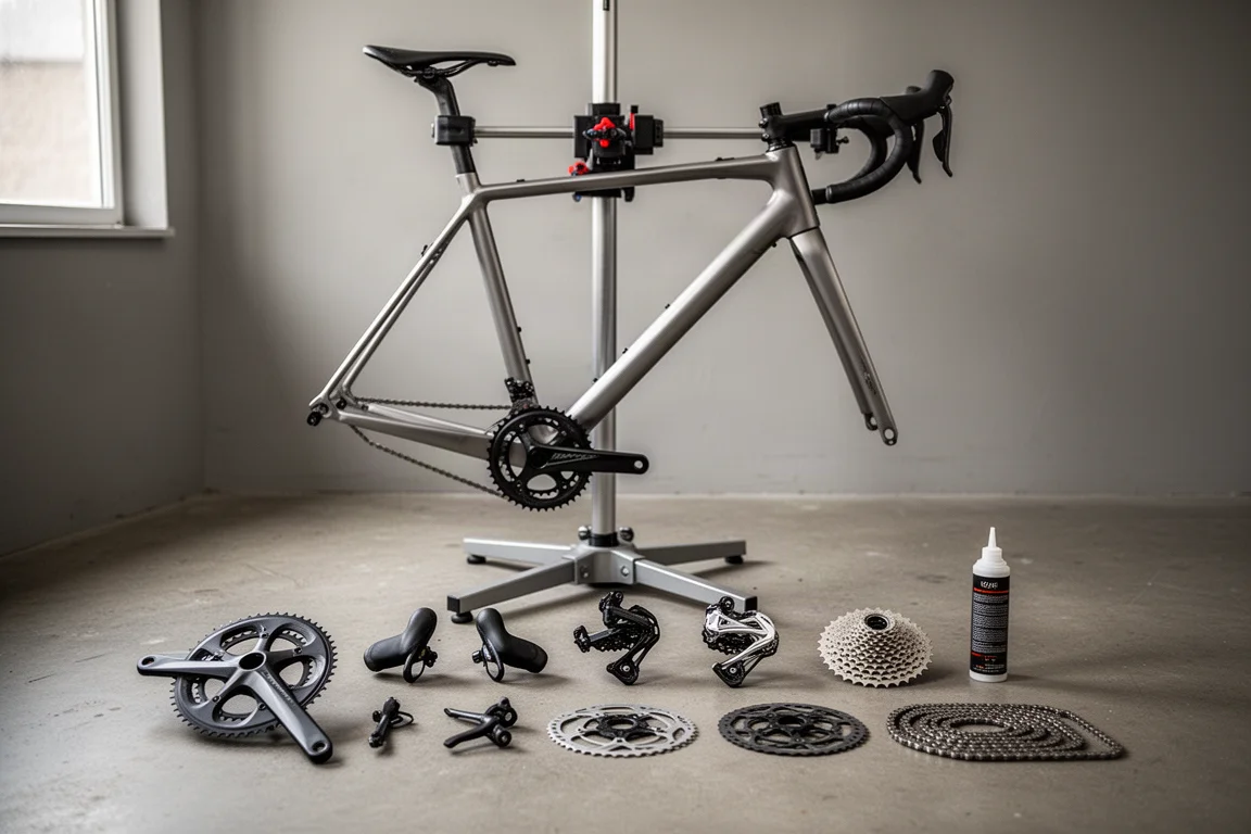 Road bike frame on a repair stand with groupset parts laid out ready for assembly