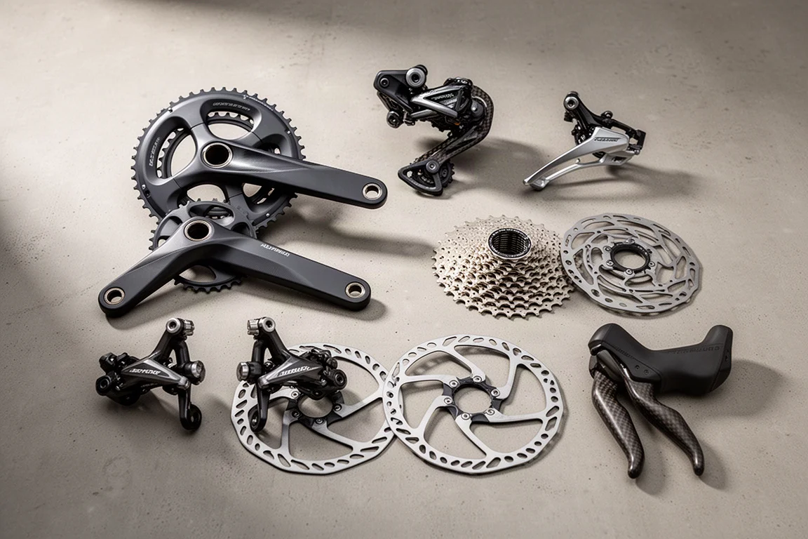 Mechanical road bike groupset parts arranged on a concrete surface