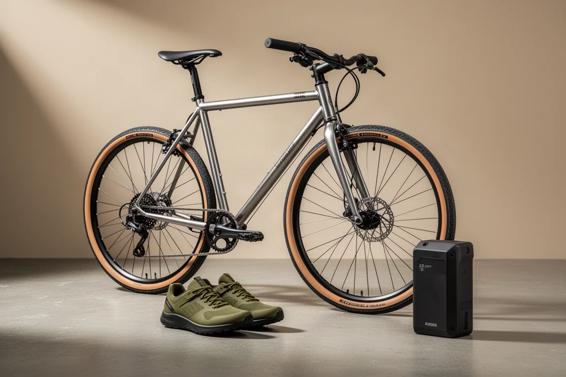 Stahl-Gravelbike, Radschuhe im Sneaker-Stil und ein E-Bike-Akku auf Beton
